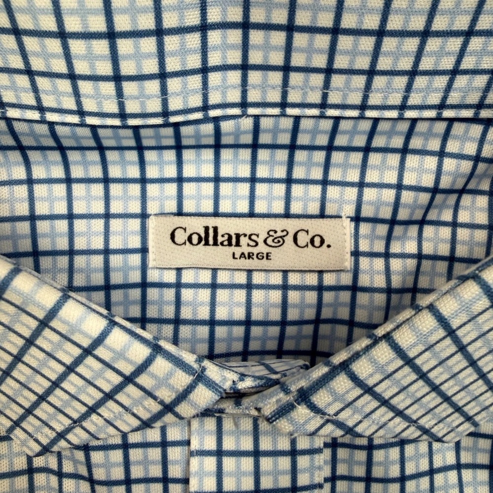 Collars & Co Mens LARGE Polo Shirt Blue White Tattersall Check Dress Collar NEW - Picture 5 of 10